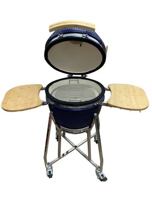 Κεραμικό 18 ιντσών Kamado Grill Μπλε Χρώμα 48cm Με Καρότσι και Τραπεζάκια