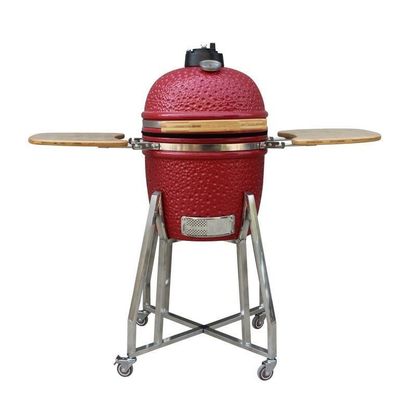 Ανοξείδωτο Κεραμικό 15 ιντσών Kamado Grill Κόκκινο 39cm Με Καρότσι και Τραπεζάκια