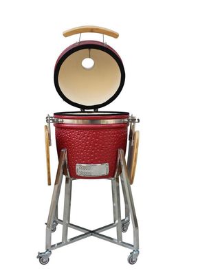 Ανοξείδωτο Κεραμικό 15 ιντσών Kamado Grill Κόκκινο 39cm Με Καρότσι και Τραπεζάκια